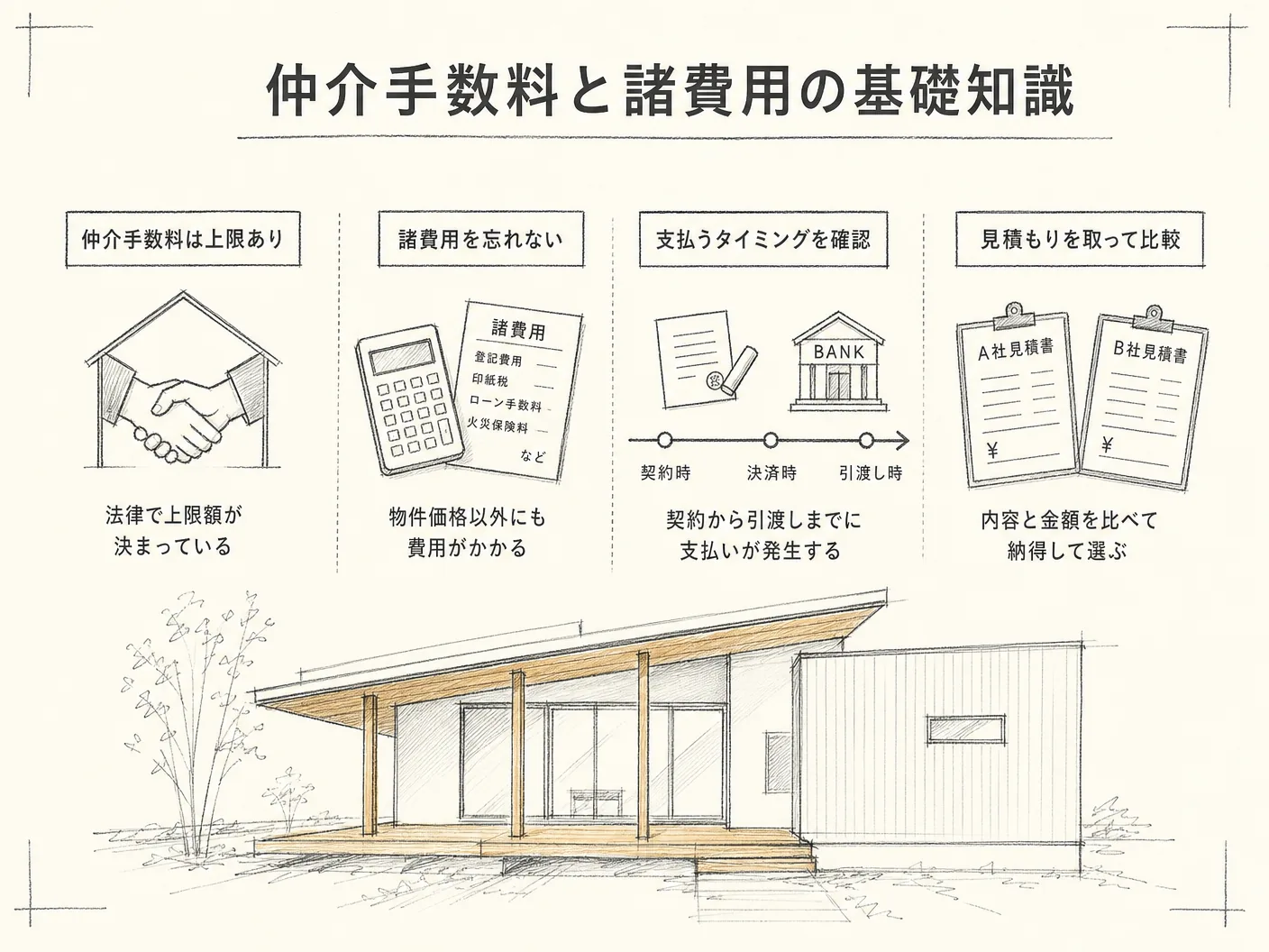 姫路 土地 注意点の仲介手数料と諸費用の基礎知識を表す図解イラスト
