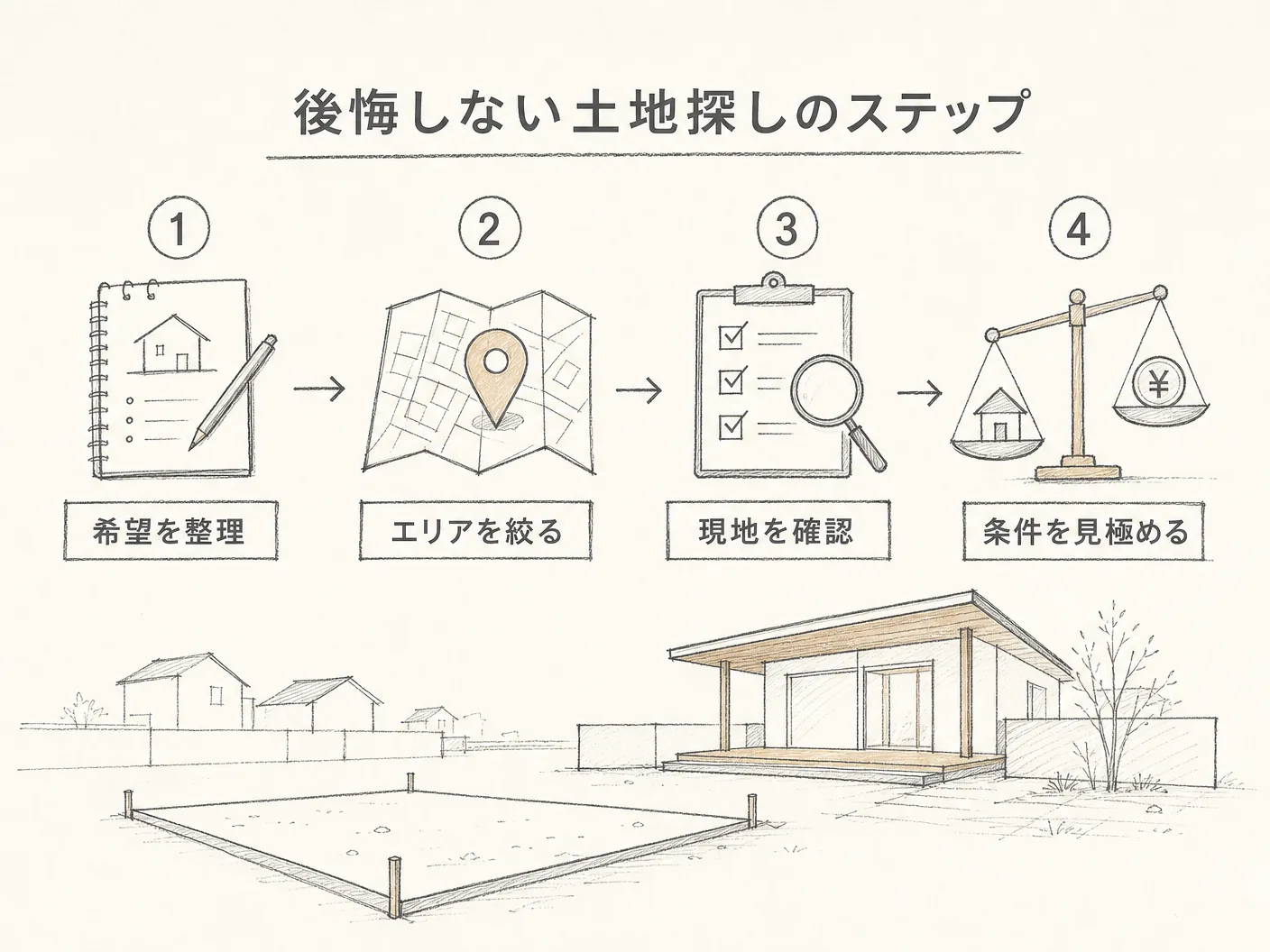 姫路 注意点の後悔しない土地探しのステップを表す図解イラスト