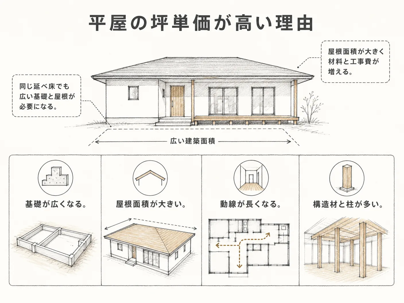 屋根 基礎 費用の平屋の坪単価が高く見える構造的な理由を表す図解イラスト