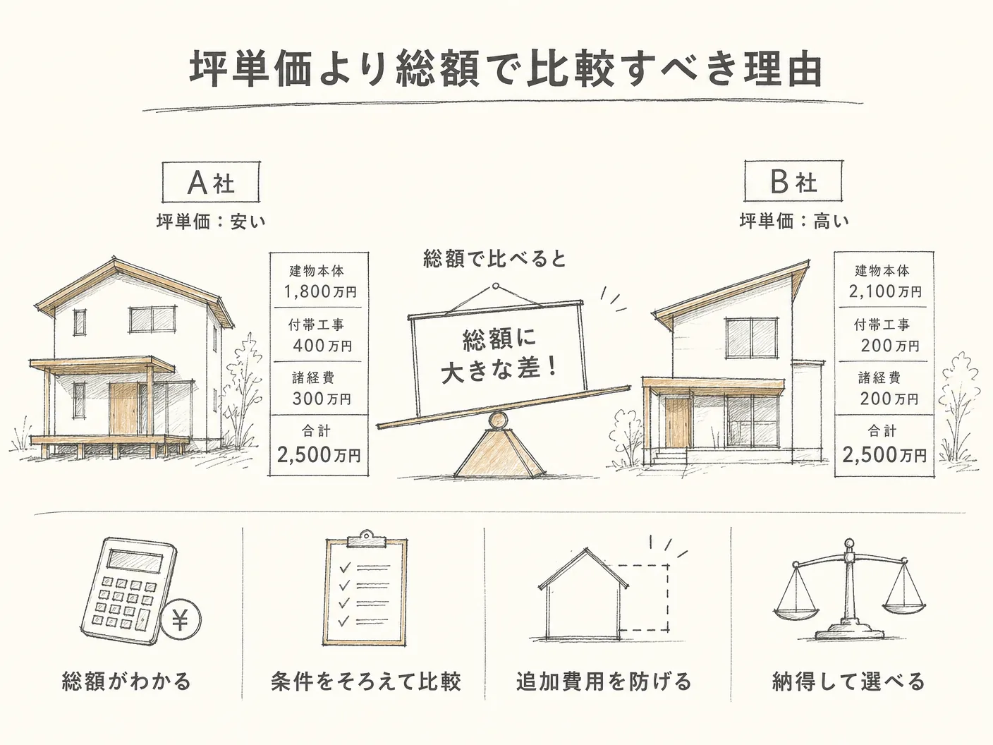 平屋 屋根 基礎 費用の坪単価より総額で比較すべき理由を表す図解イラスト