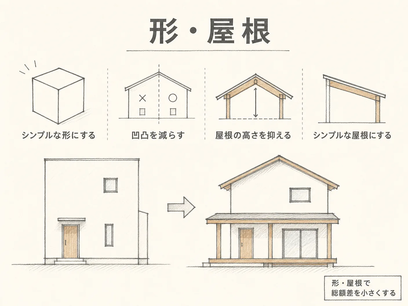 平屋 基礎 費用の形・屋根・外構の3つで総額差を小さくする工夫を表す図解イラスト