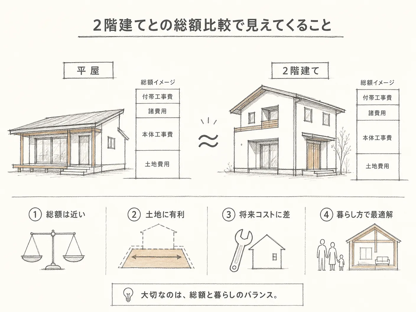平屋 屋根 基礎 費用の2階建てとの総額比較で見えてくることを表す図解イラスト