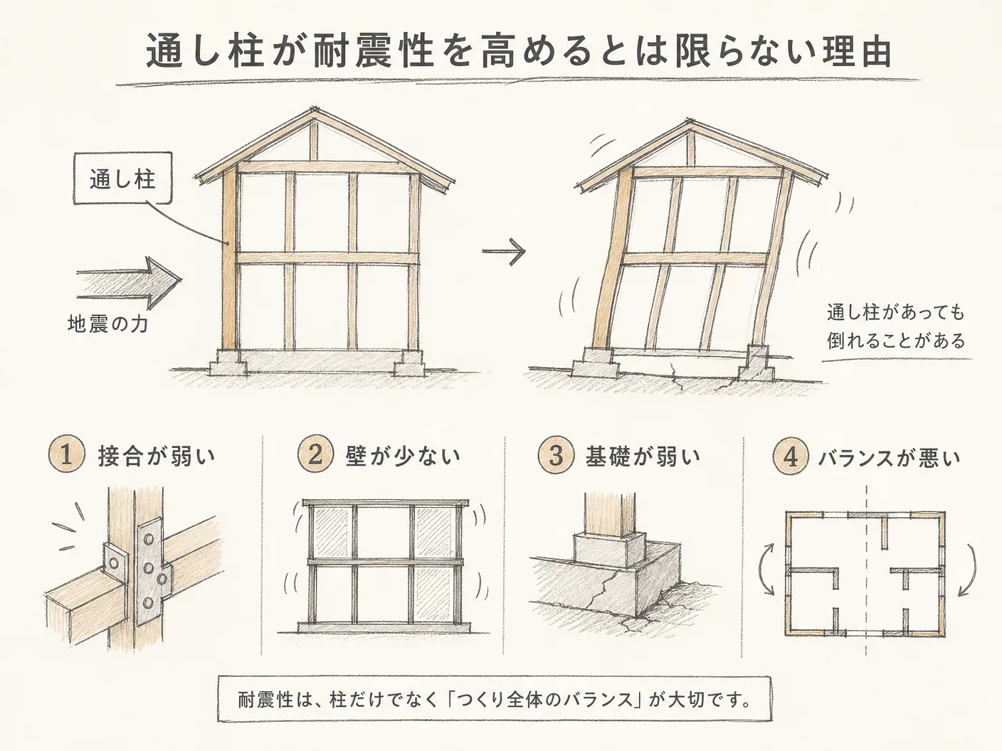 管柱 違いの通し柱が耐震性を高めるとは限らない理由を表す図解イラスト