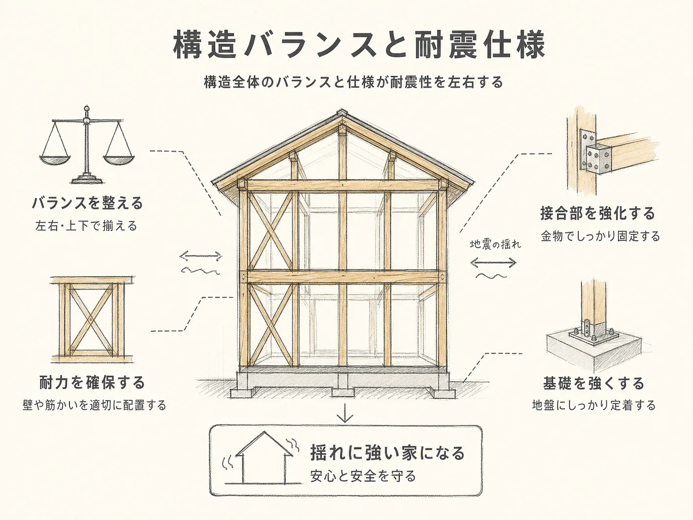 管柱 通し柱 違いの構造全体のバランスと仕様が耐震性を左右するを表す図解イラスト