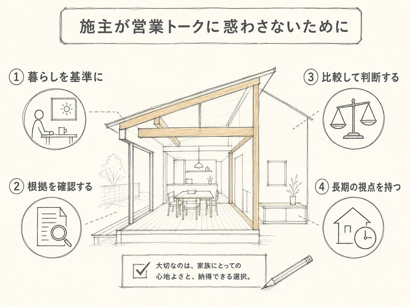 管柱 通し柱 違いの施主が営業トークに惑わされないために知っておくべき視点を表す図解イラスト