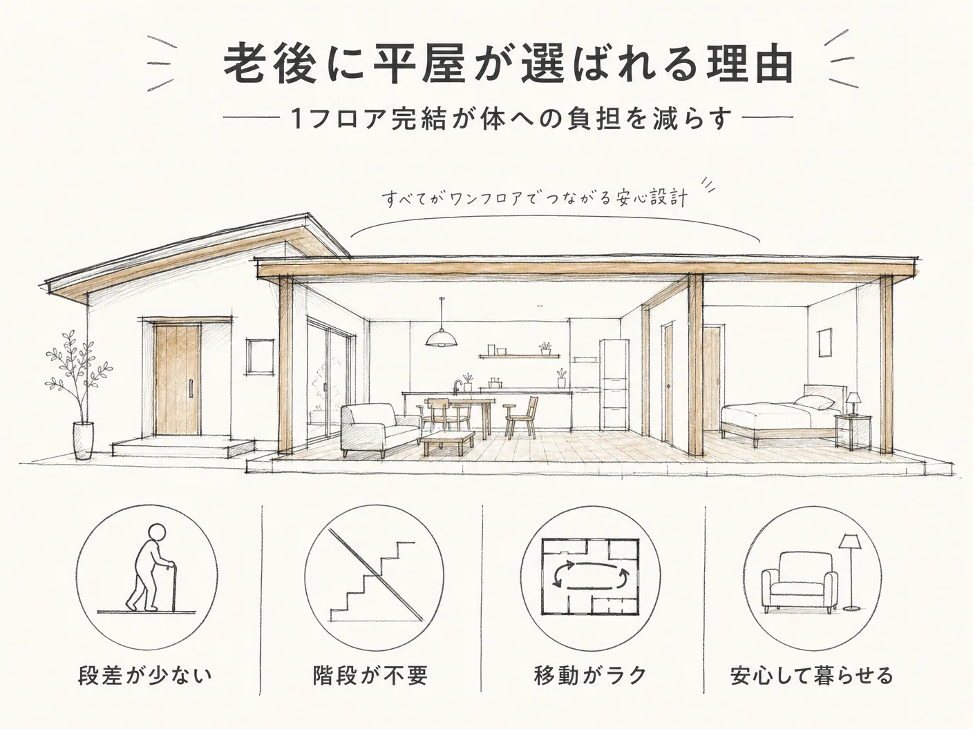 間取りの老後に平屋が選ばれる理由——1フロア完結が体への負担を減らすを表す図解イラスト