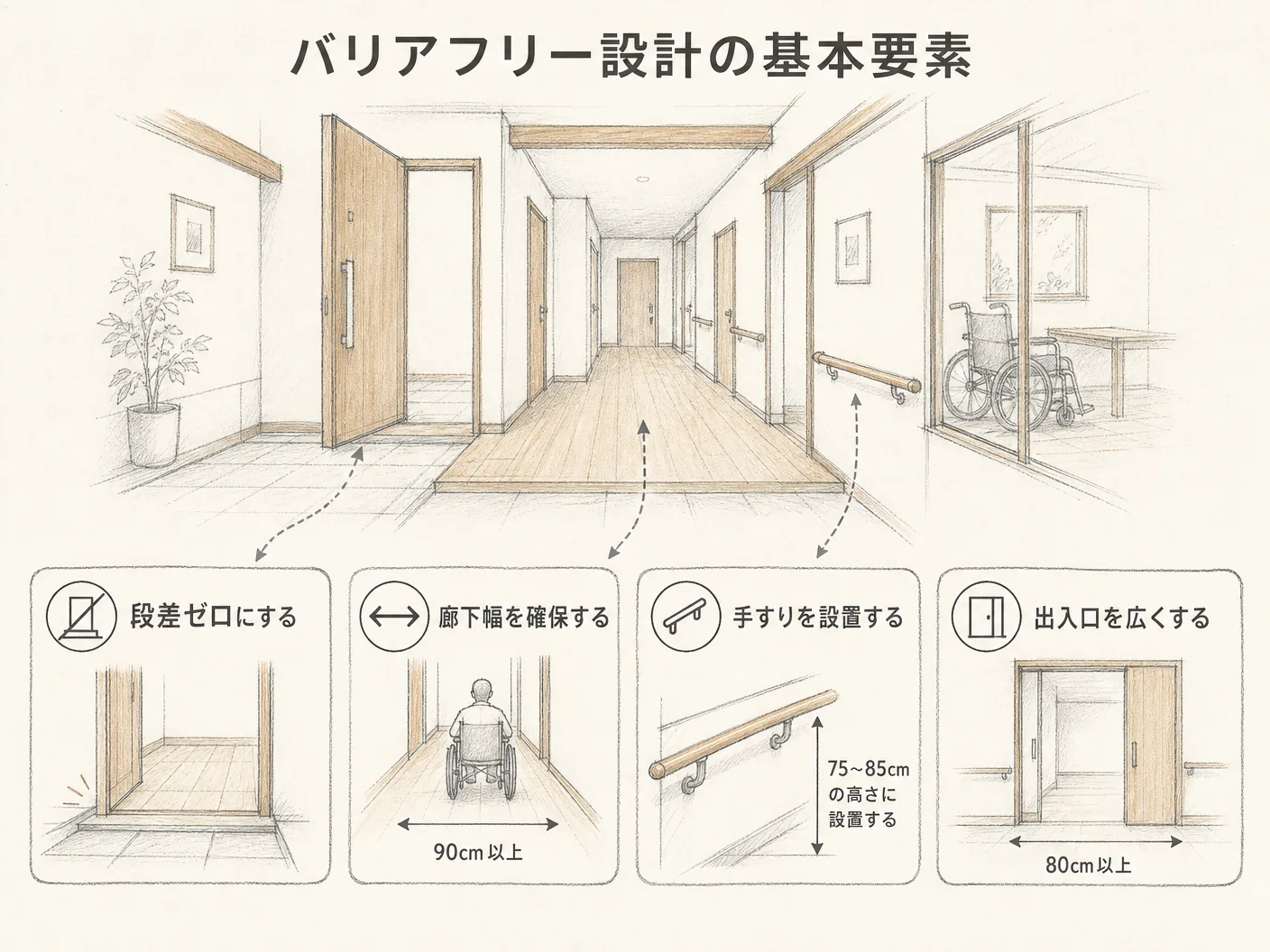 老後 平屋 間取りの最初から織り込むバリアフリー設計——段差ゼロ・廊下幅・手すり位置の基本を表す図解イラスト