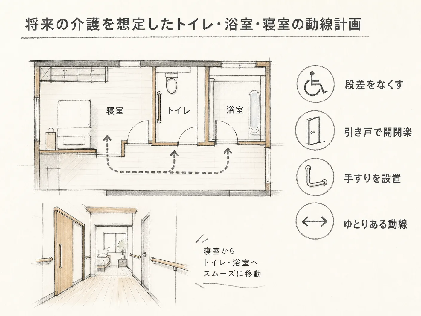 老後 平屋 間取りの将来の介護を想定したトイレ・浴室・寝室の動線計画を表す図解イラスト