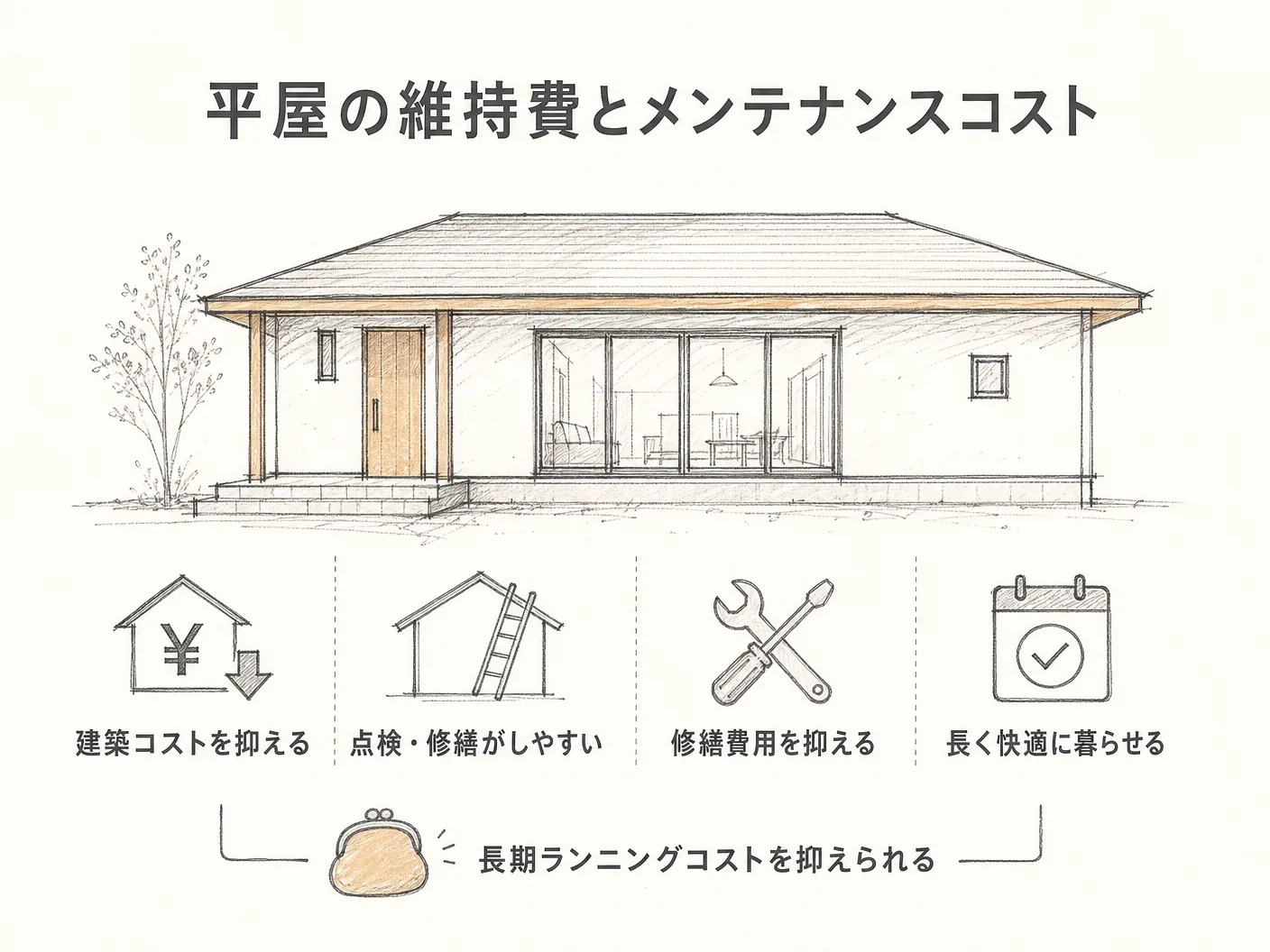 老後 間取りの平屋の維持費とメンテナンスコスト——長期ランニングコストを抑える理由を表す図解イラスト