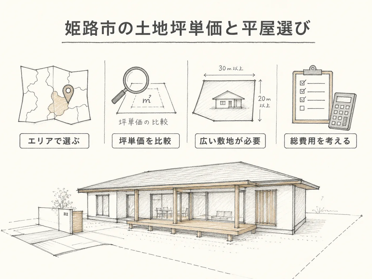 老後 間取りの姫路市周辺の土地選びと坪単価——平屋に必要な広い敷地の現実的な検討を表す図解イラスト