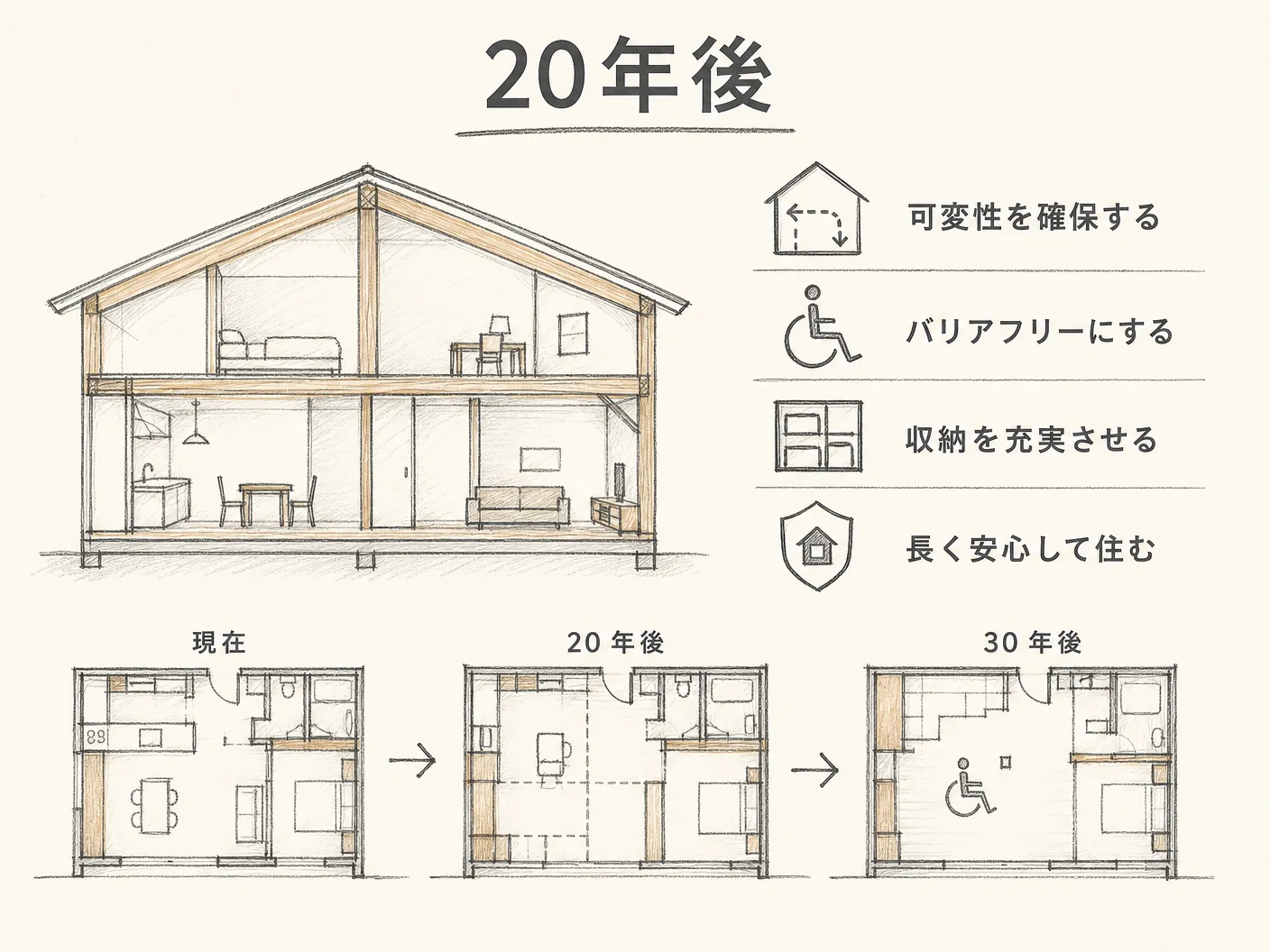 老後 平屋の20年後・30年後の自分を想像した間取り優先の設計思想を表す図解イラスト