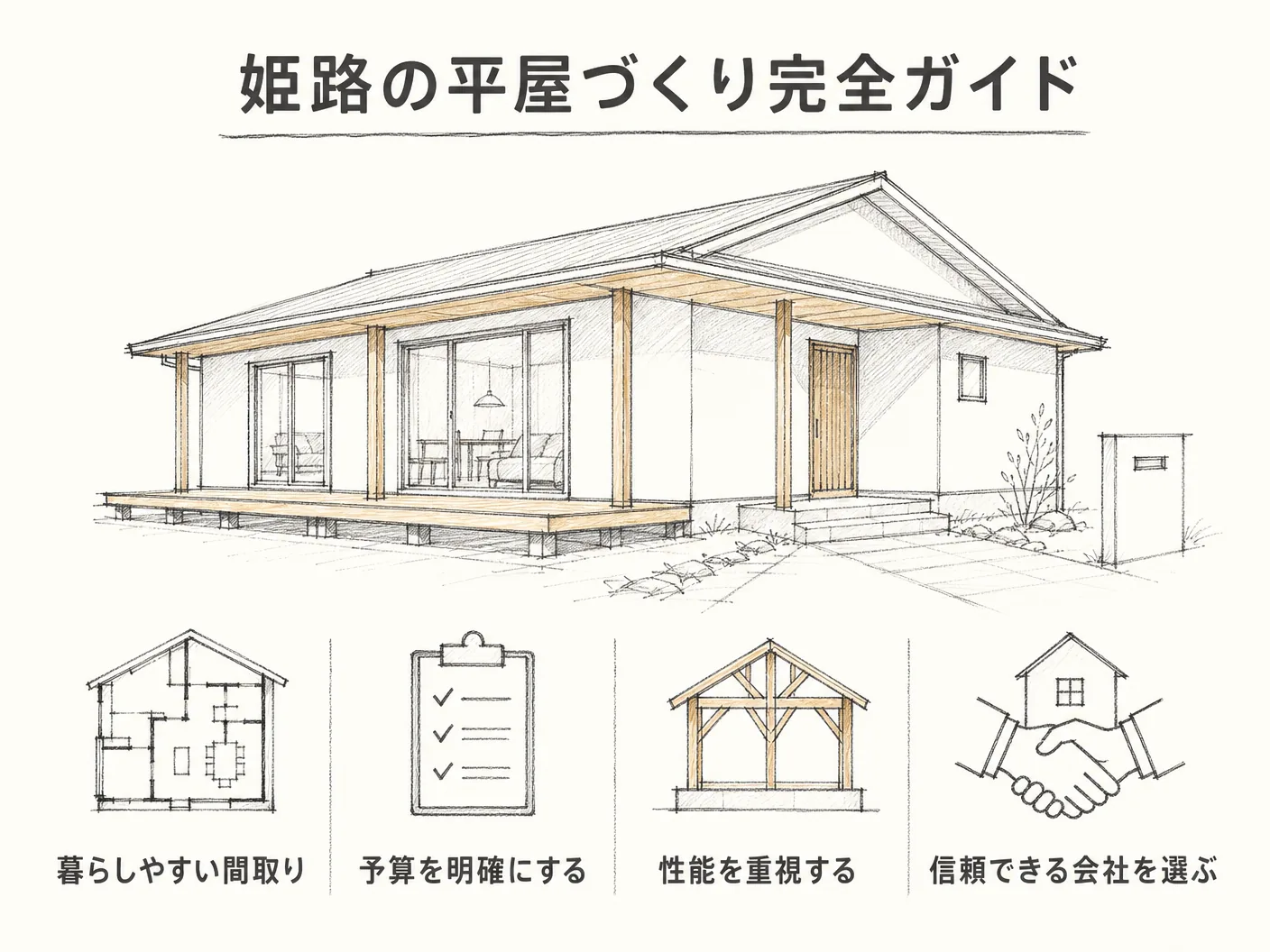 老後 間取りの終の棲家として後悔しない姫路の平屋づくりまとめを表す図解イラスト