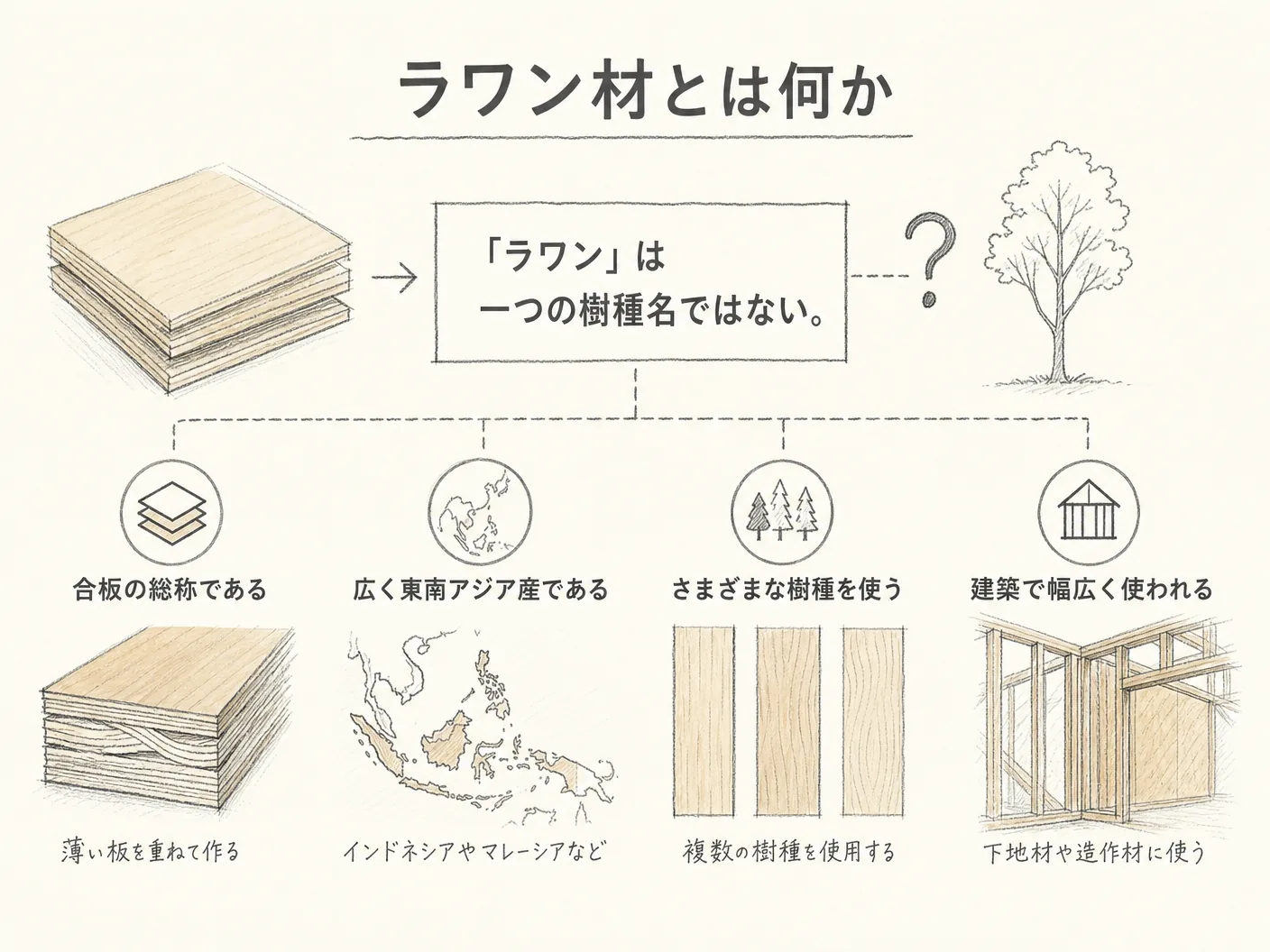 メルサワ 違いのラワン材とは何か――「ラワン」は一つの樹種名ではないを表す図解イラスト