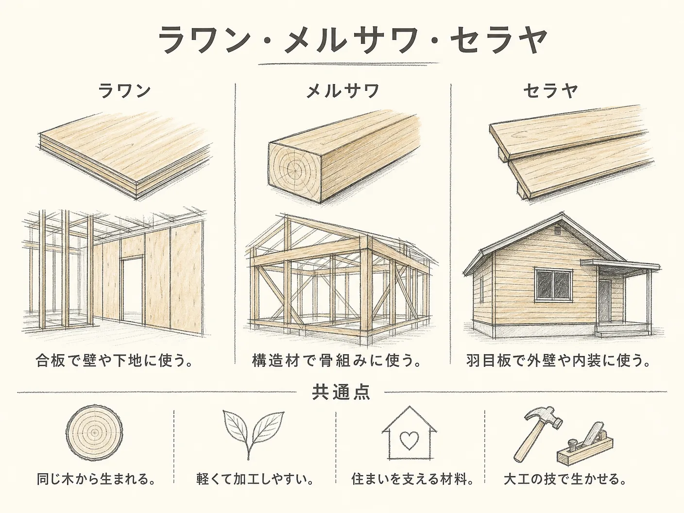 ラワン・メルサワ・セラヤ・メランティの違いと共通点を表す図解イラスト