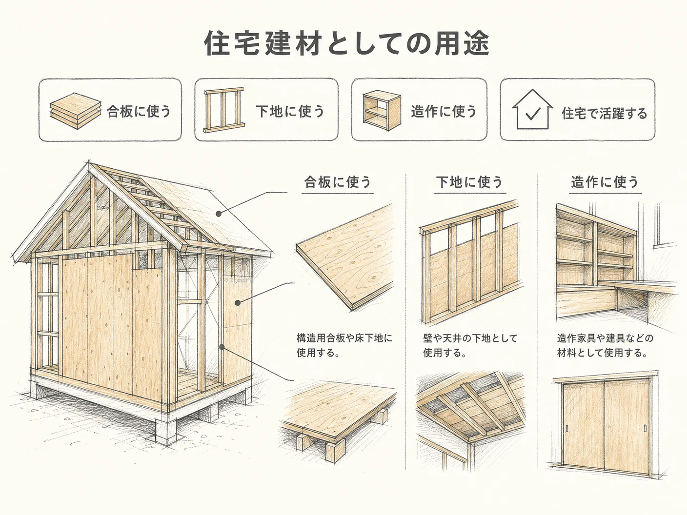 メルサワ ラワン 違いの住宅建材としての用途――合板・下地・造作への使い方を表す図解イラスト