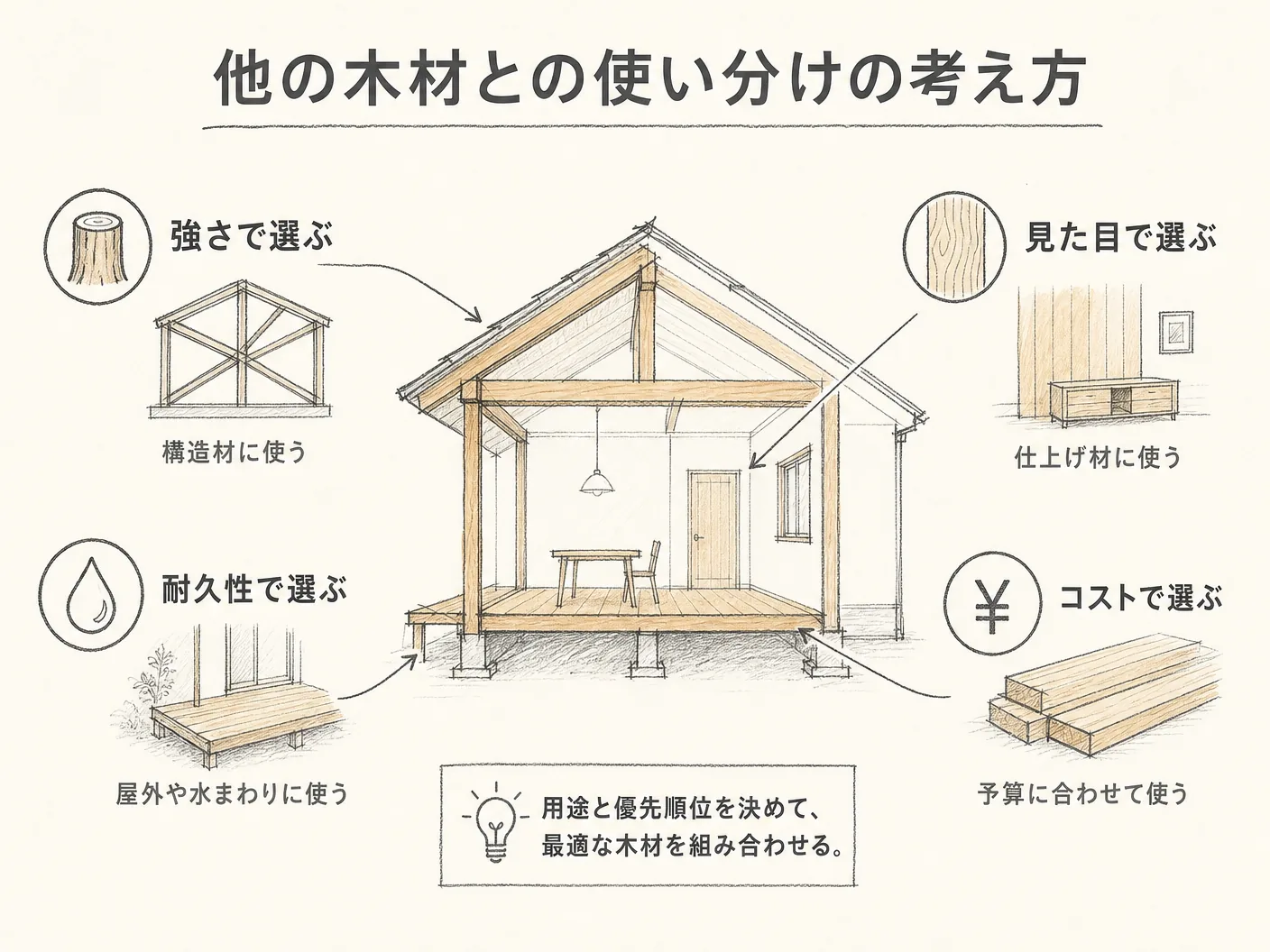 メルサワ ラワン 違いの他の木材との使い分けの考え方を表す図解イラスト