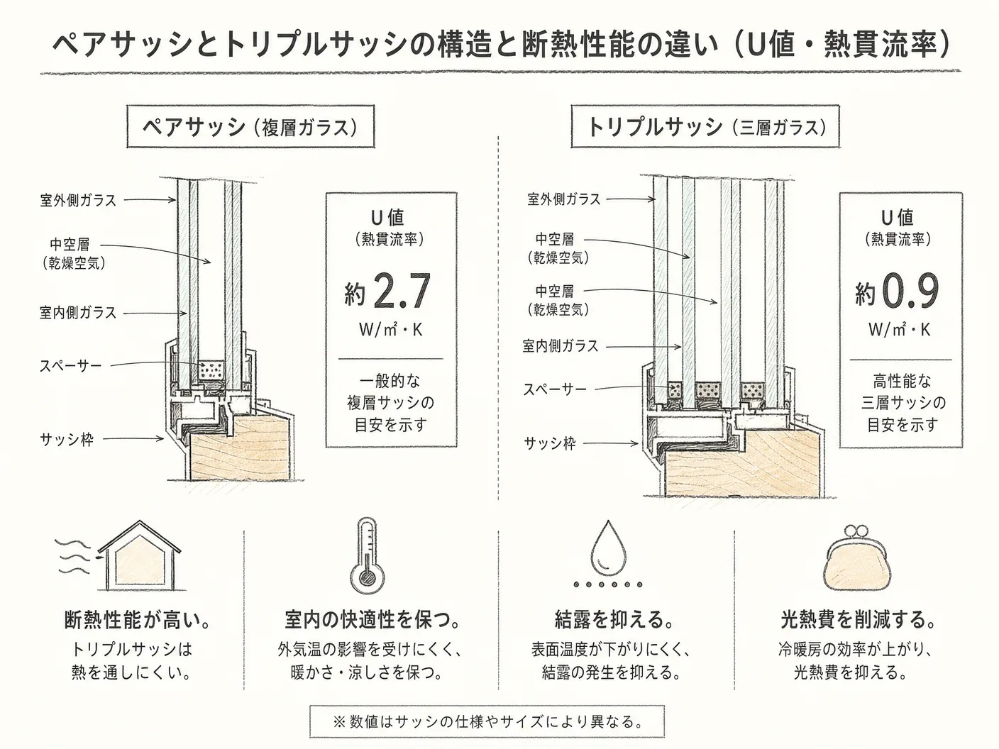 ペアサッシとトリプルサッシの構造と断熱性能の違い（U値・熱貫流率）を表す図解イラスト