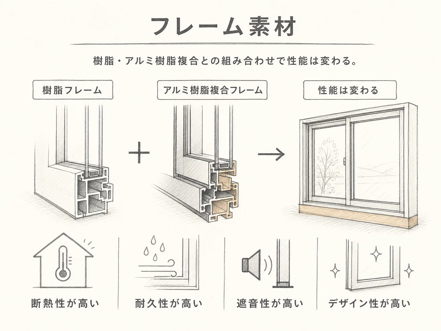 ペアサッシ トリプルサッシ 違いのフレーム素材（樹脂・アルミ樹脂複合）との組み合わせで性能は変わるを表す図解イラスト