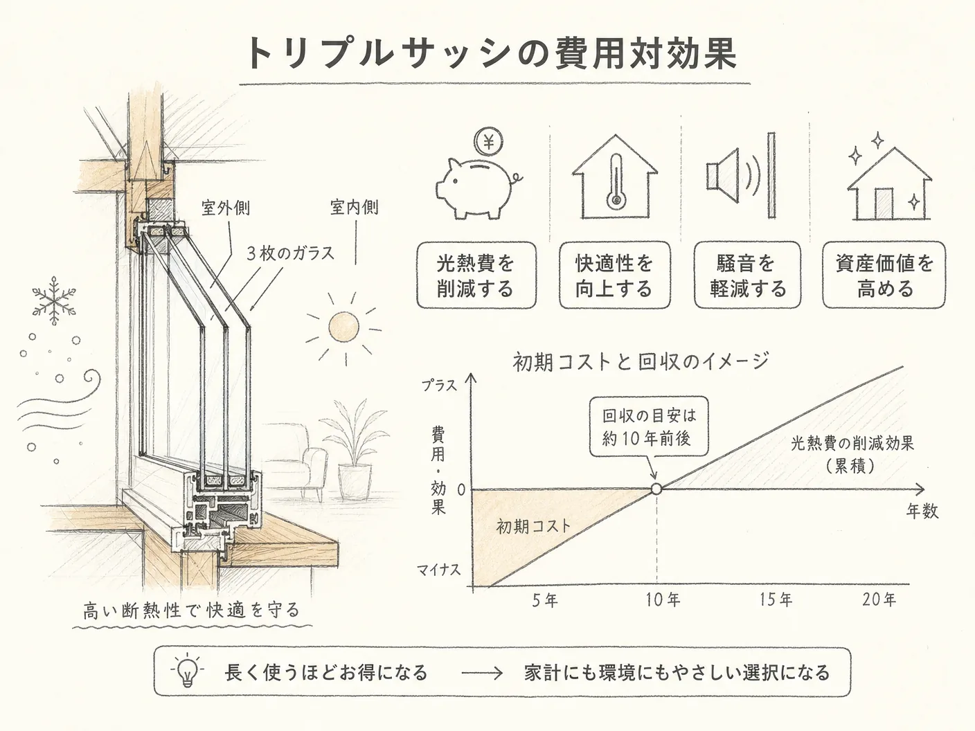 ペアサッシ 違いのトリプルサッシの費用対効果——初期コストと光熱費削減の回収試算を表す図解イラスト