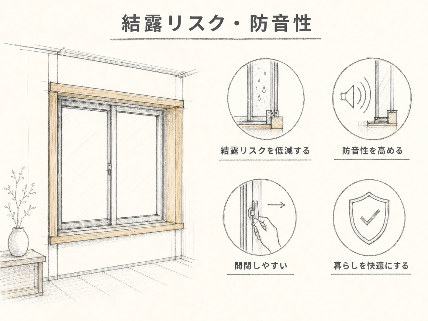 ペアサッシ トリプルサッシ 違いの結露リスク・防音性・開閉しやすさへの影響を表す図解イラスト