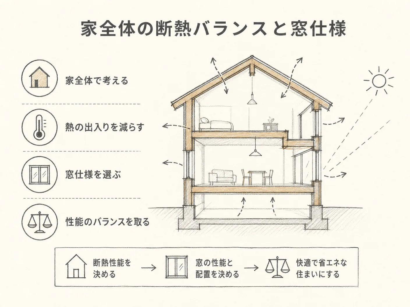 ペアサッシ トリプルサッシ 違いの家全体の断熱バランスから窓仕様を決める考え方を表す図解イラスト