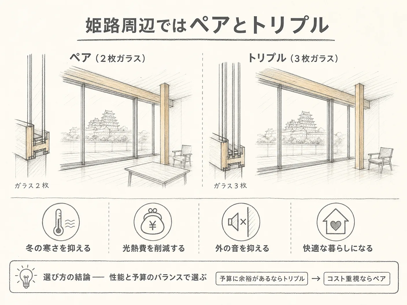ペアサッシ トリプルサッシ 違いの姫路周辺ではペアとトリプル、どちらが正解か——結論と選び方を表す図解イラスト