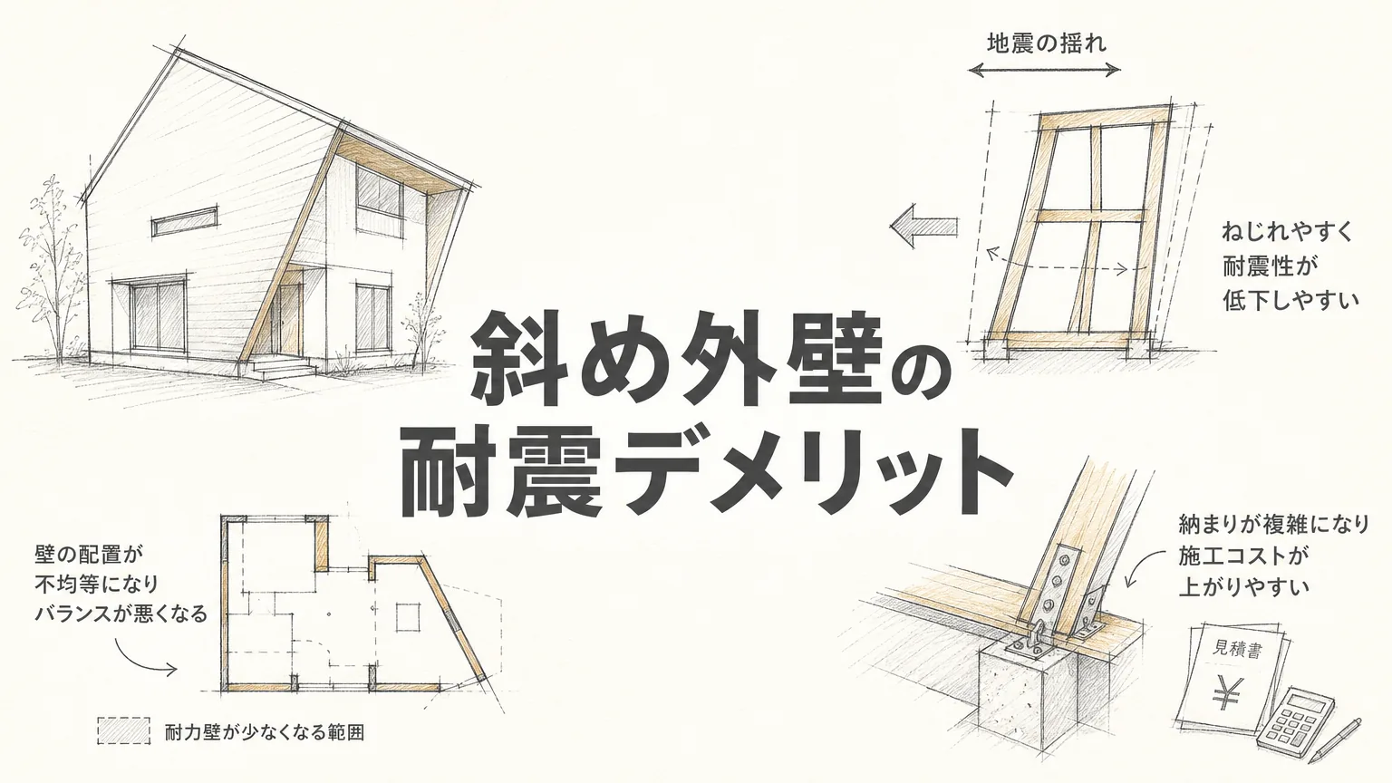 外周壁をやたら斜めにする住宅が怖い理由——耐震・コスト・雨漏りの落とし穴のアイキャッチ画像