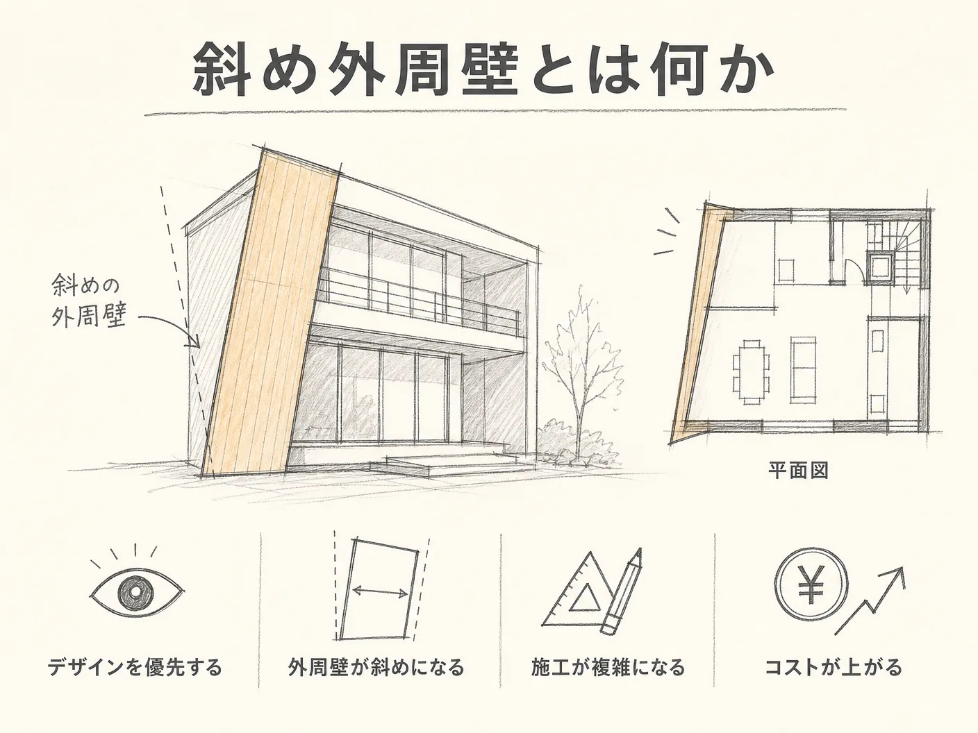 斜め外壁 耐震 デメリットの斜め外周壁とは何か——デザイン優先で生まれる「斜め壁」の実態を表す図解イラスト