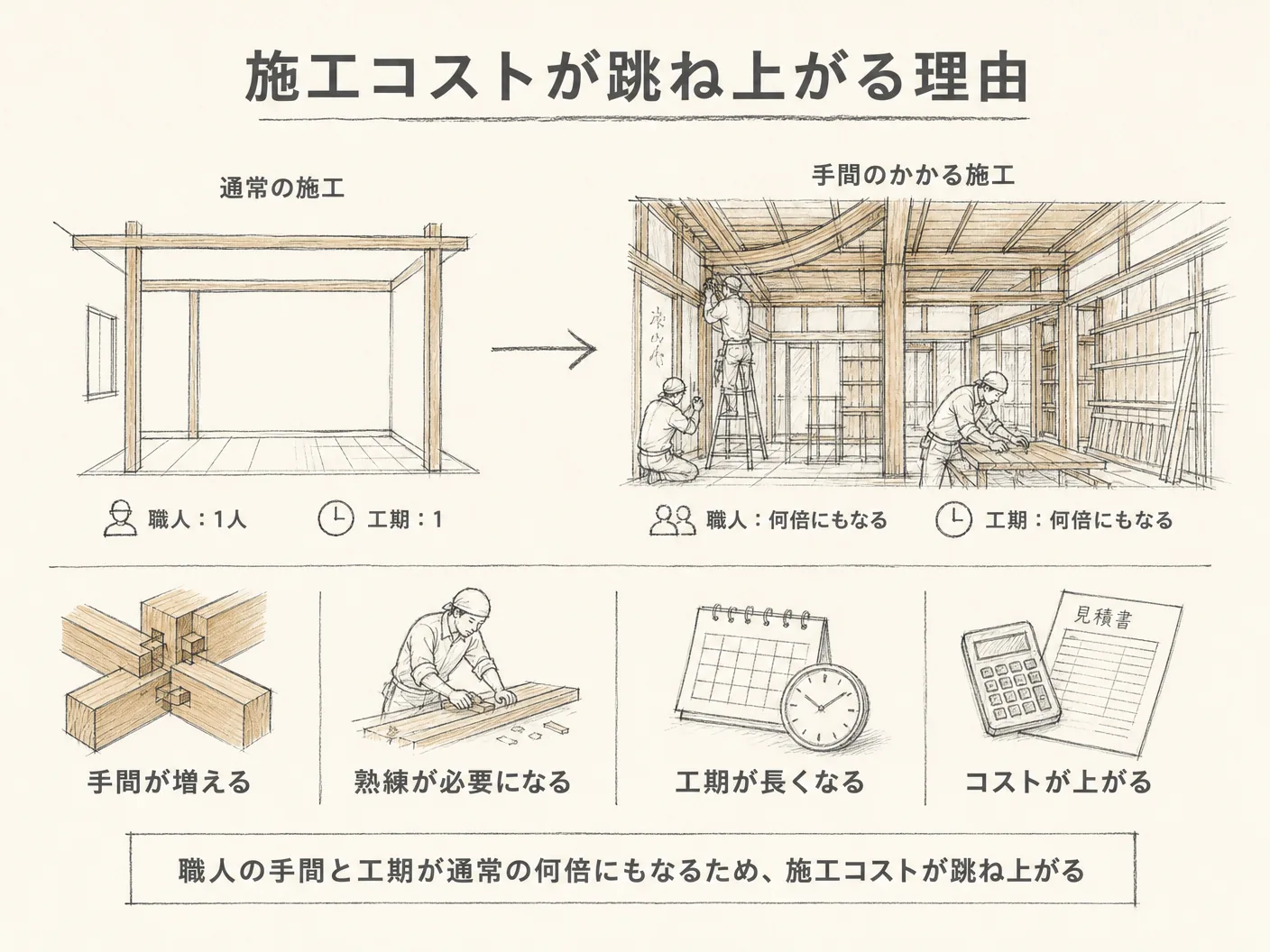斜め外壁 耐震 デメリットの施工コストが跳ね上がる理由——職人の手間と工期が通常の何倍にもなるを表す図解イラスト