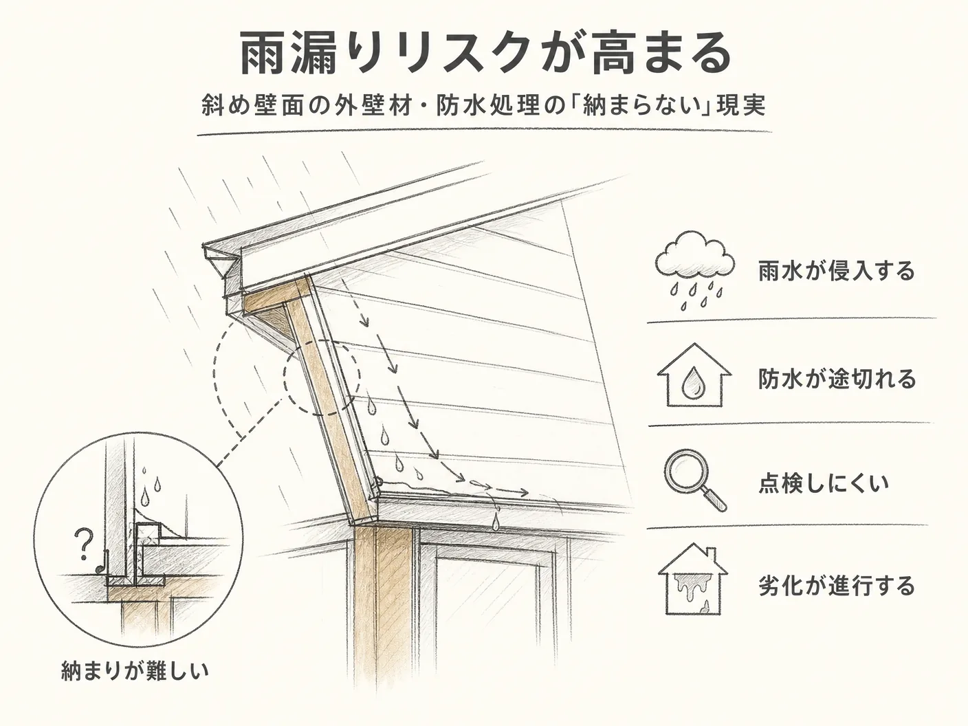 斜め外壁 耐震 デメリットの雨漏りリスクが高まる——斜め壁面の外壁材・防水処理の「納まらない」現実を表す図解イラスト