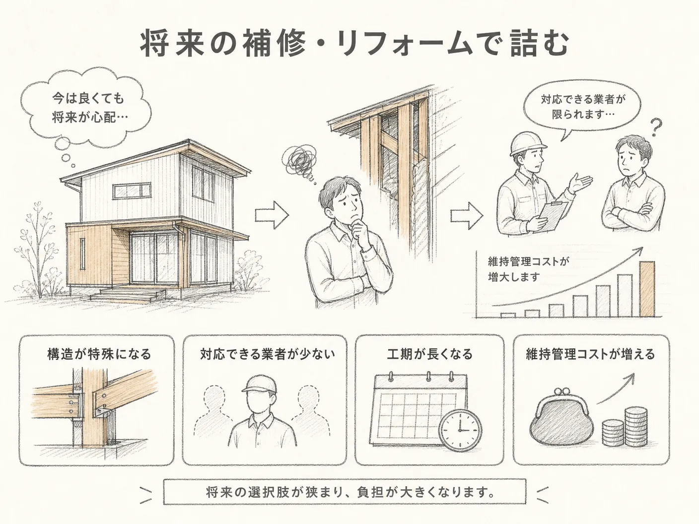 斜め外壁 耐震 デメリットの将来の補修・リフォームで詰む——対応できる業者が限られ維持管理コストが増大するを表す図解イラスト