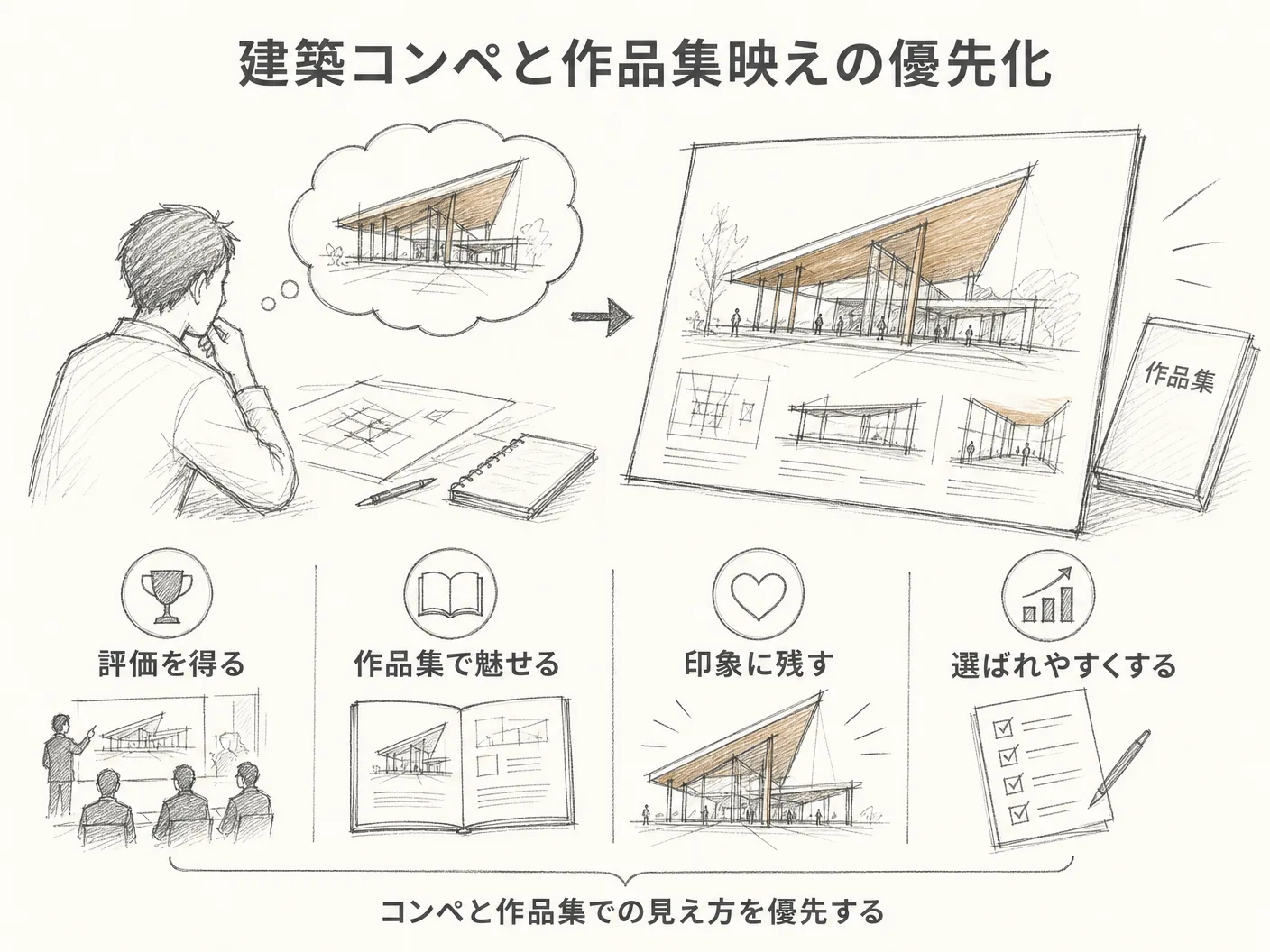 斜め外壁 耐震 デメリットのなぜ建築家はこのデザインを選ぶのか——コンペ・作品集映えを優先する業界文化を表す図解イラスト