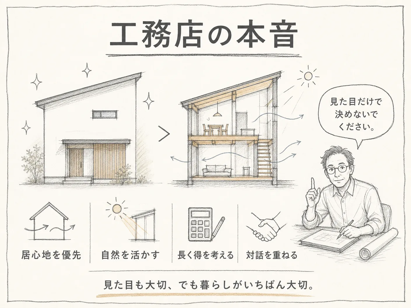 斜め外壁 耐震 デメリットの工務店の本音——居住性より見た目優先の設計に感じる疑問と施主へのお願いを表す図解イラスト