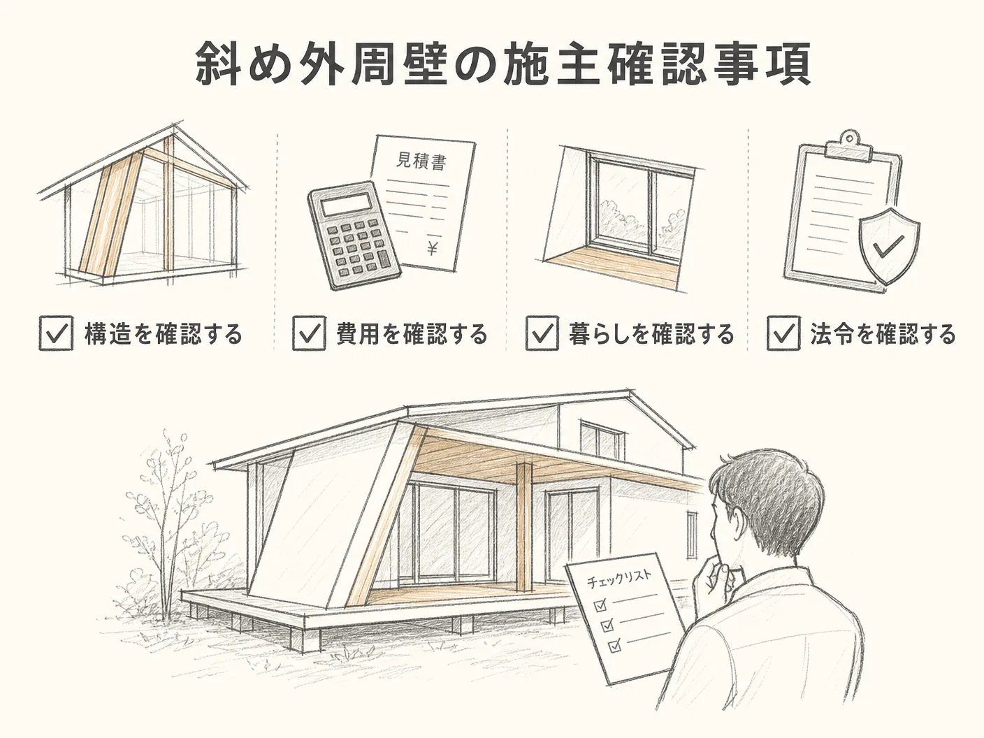 斜め外壁 耐震 デメリットの斜め外周壁を検討する前に施主が確認すべきチェックリストを表す図解イラスト