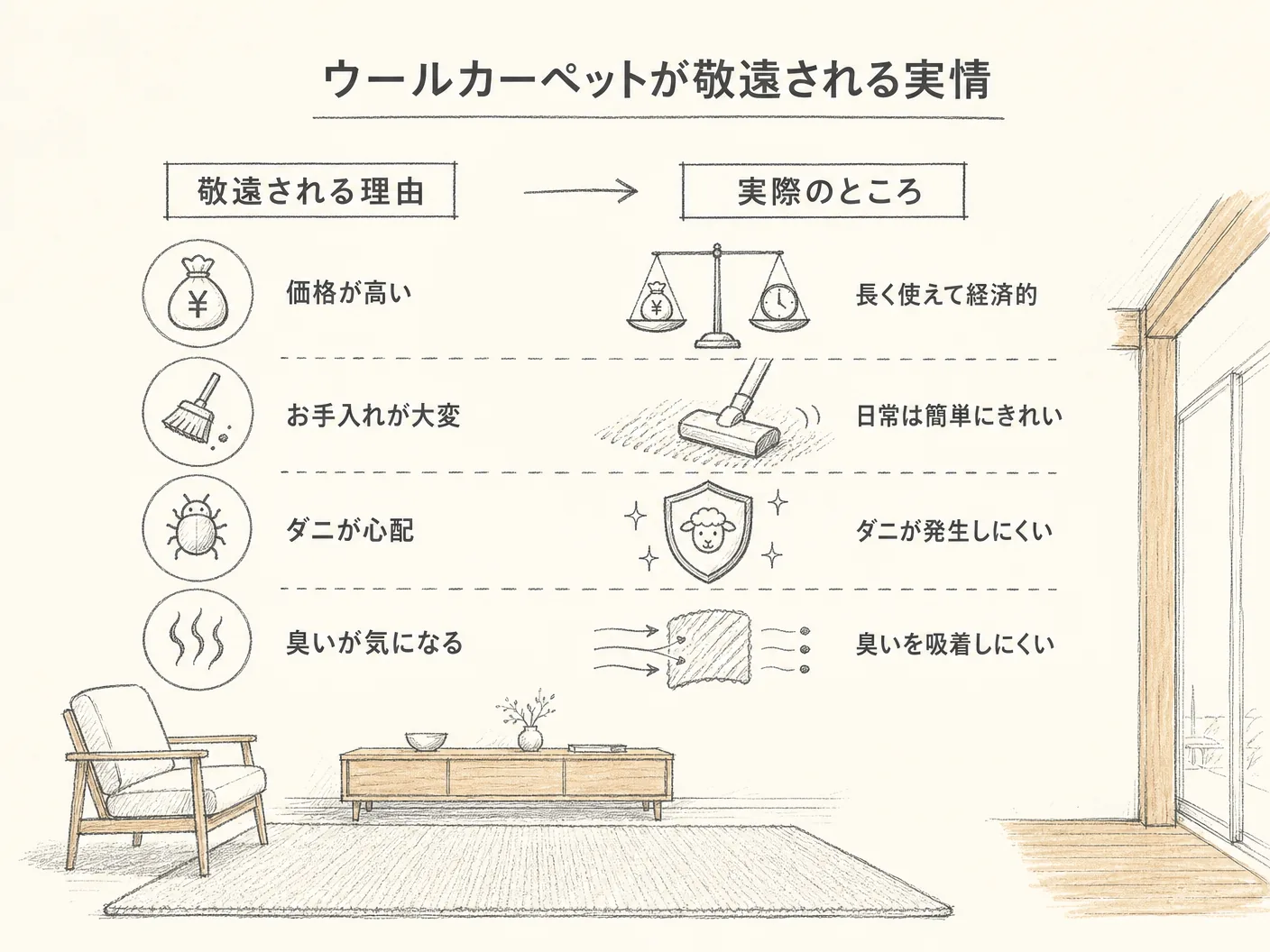 メンテナンスのウールカーペットが敬遠される理由と、実際のところを表す図解イラスト