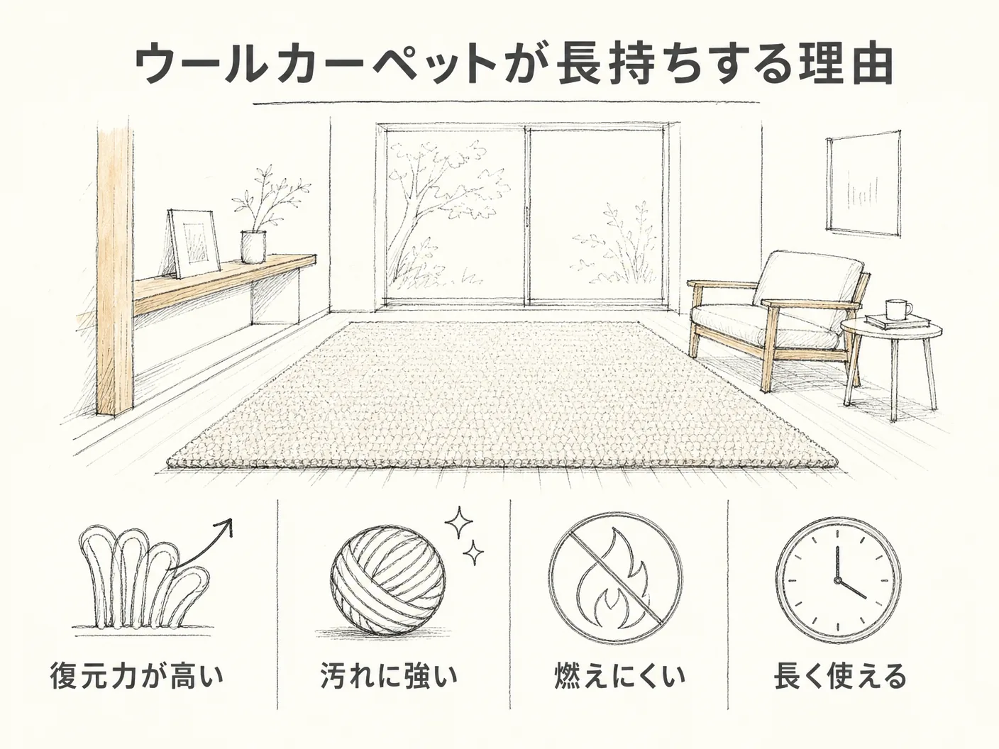 メンテナンスのウールカーペットが長持ちする理由——素材の特性から理解するを表す図解イラスト