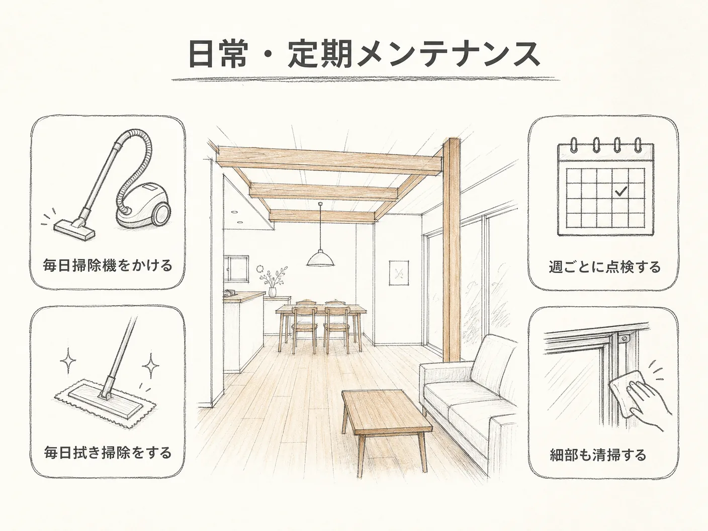 ウールカーペットの毎日・週ごとの基本メンテナンス(掃除機・拭き掃除)を表す図解イラスト