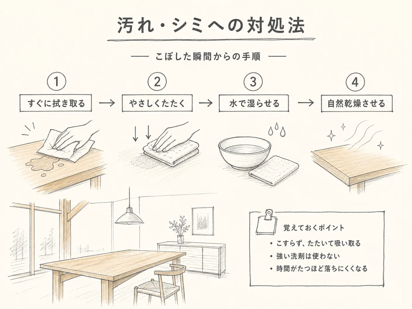 ウールカーペット メンテナンスの汚れ・シミへの対処法——こぼした瞬間からの手順を表す図解イラスト