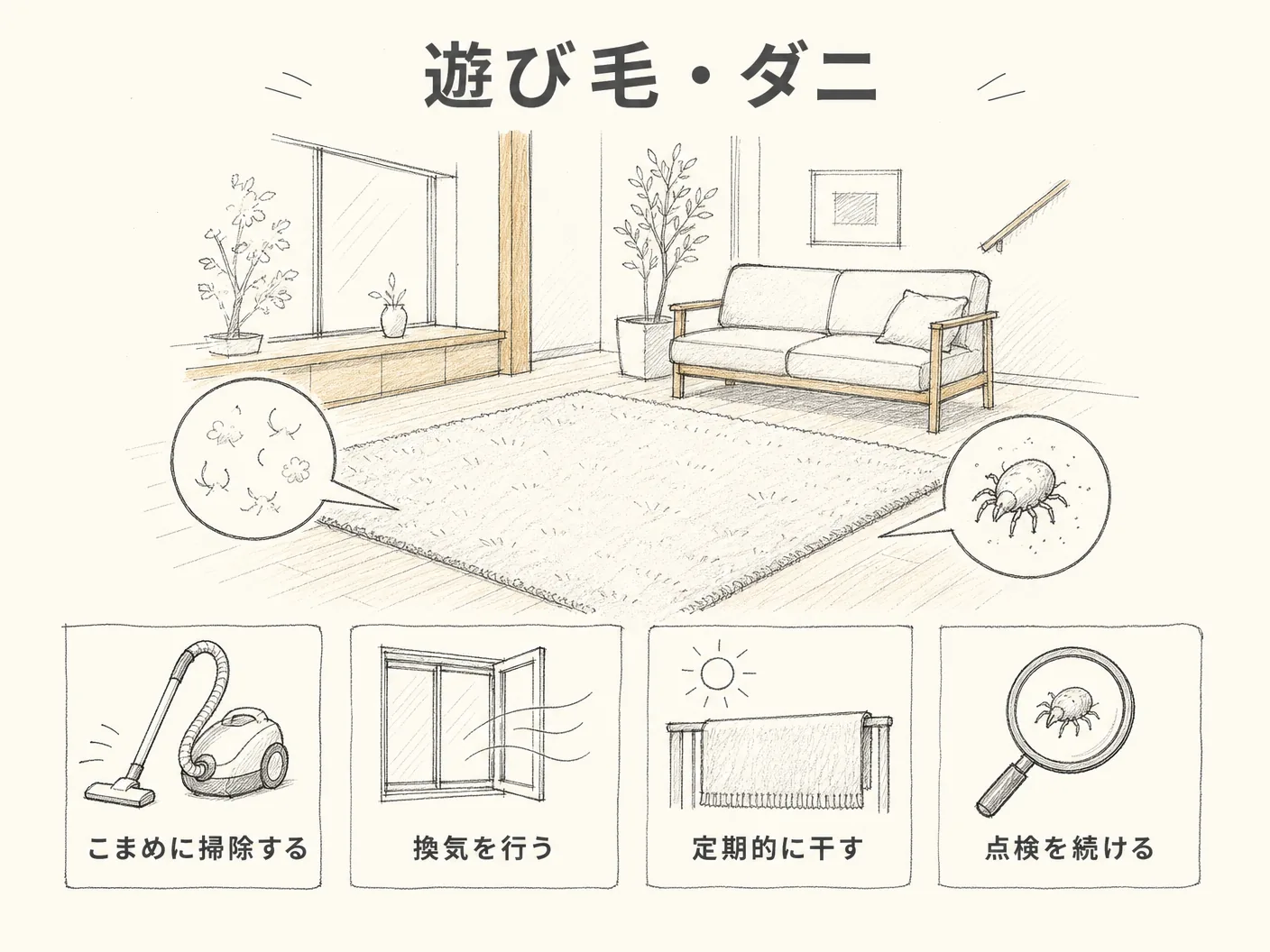 ウールカーペット メンテナンスの遊び毛・ダニ・臭いなど気になるトラブルへの対応を表す図解イラスト