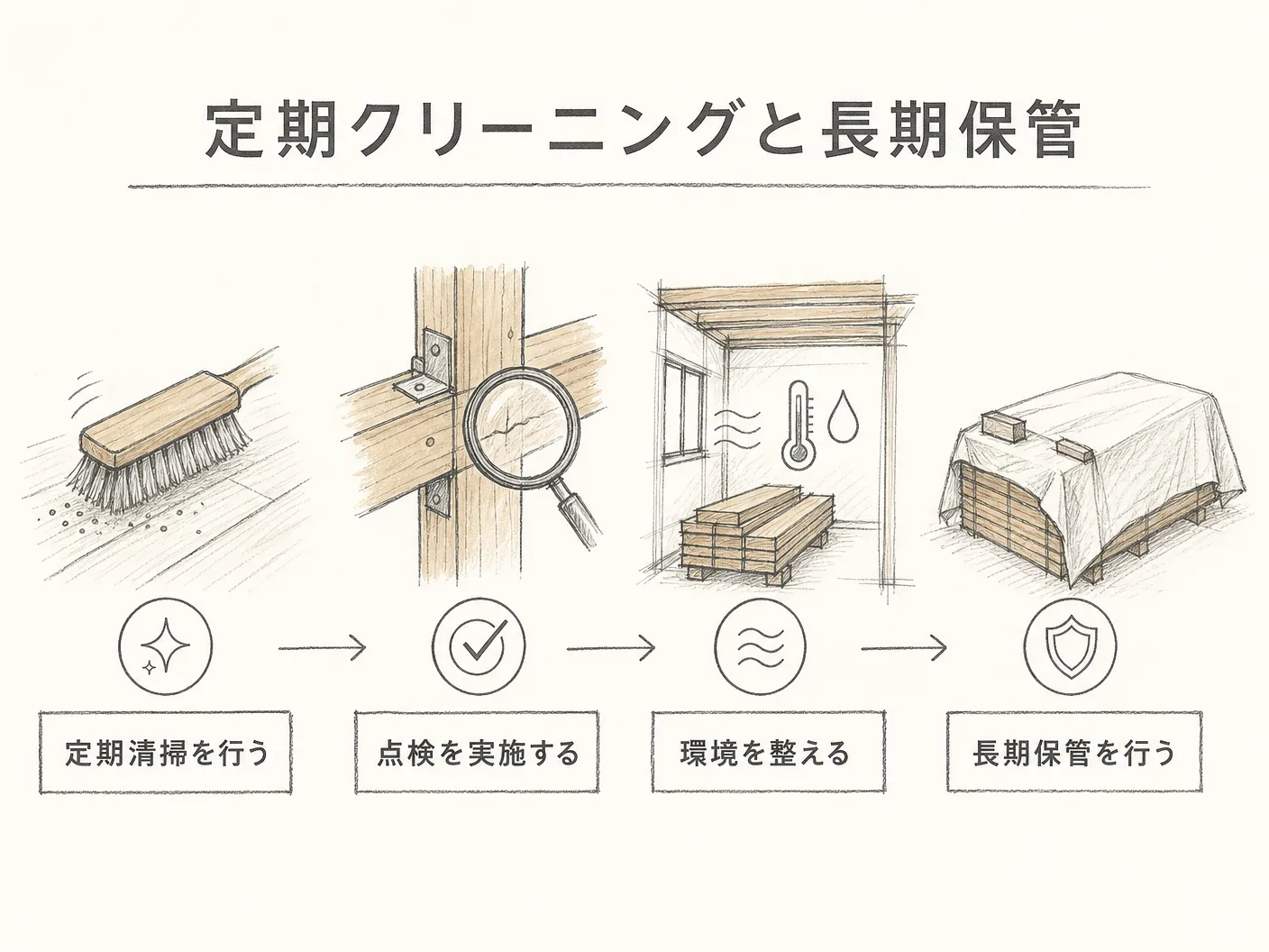 ウールカーペット メンテナンスの定期クリーニングと長期保管の考え方を表す図解イラスト