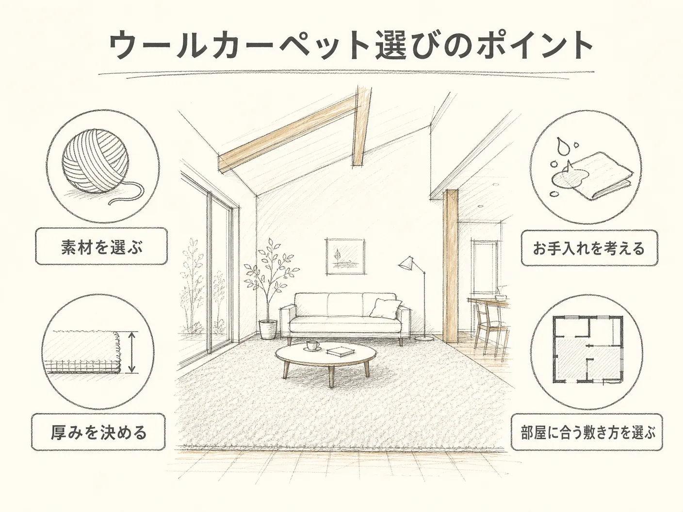メンテナンスの注文住宅でウールカーペットを採用するときのポイントを表す図解イラスト